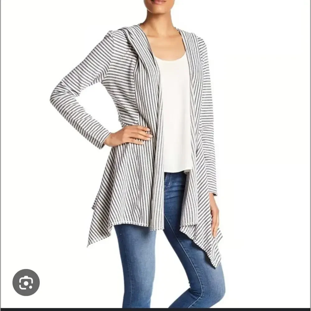Max Studio Black & White Weekend Striped 100% Cotton Open Cardigan Hoodie Size M
